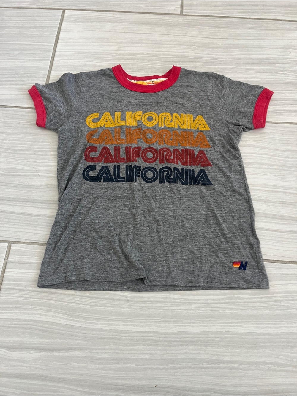 Aviator Nation Grey Ringer Tee with Red Trim and Retro California Graphic